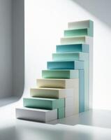 A stack of colorful boxes on a white floor photo