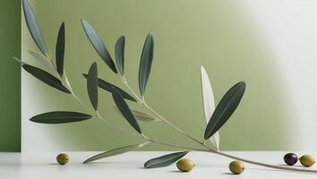 Olive branch with green leaves and olives on a white table photo