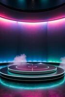 A stage with neon lights and smoke photo