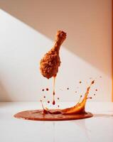 A chicken wing is being splashed with sauce photo