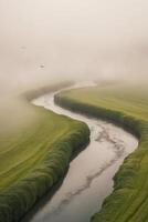 A river runs through a green field with birds flying above photo