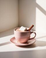 Hot chocolate with marshmallows in a pink cup on a white table photo