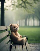 Teddy bear sit on bench in park soft focus. photo