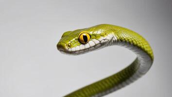 A green snake with yellow eyes photo