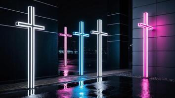 A group of neon crosses in front of a building photo