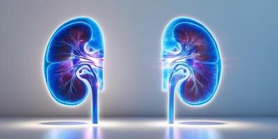 Two kidneys are shown in a blue light photo