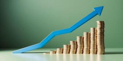 A blue arrow is pointing up and a stack of coins is next to it photo