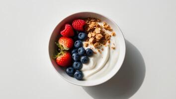 Yogurt with berries and granola in a bowl photo