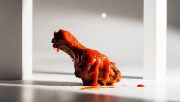 A piece of meat with sauce on it sitting on a table photo