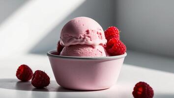 A bowl of ice cream with raspberries photo