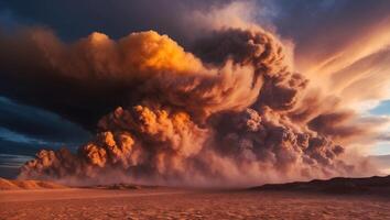A large cloud of dust is blowing in the desert photo