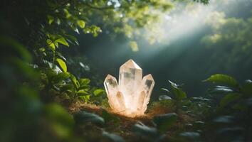 Glowing crystal formation in lush forest. photo
