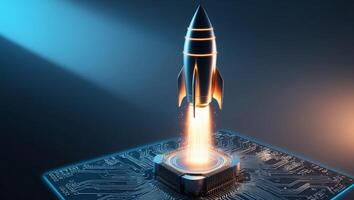 Glowing Rocket Taking Off on a Circuit Board. photo