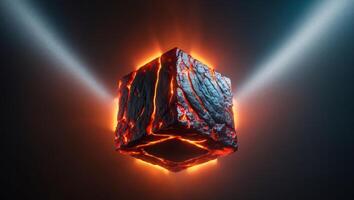 Glowing hot lava cube in dark environment. photo
