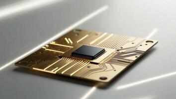 Golden Circuit Board with Glowing Lines and Microchip. photo