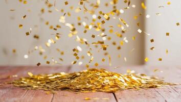 Golden Confetti Falling on Wooden Table with Blurred Background. photo