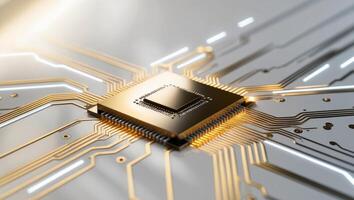 Golden Circuit Board with Glowing Lines and Microchip. photo