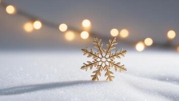 Golden Snowflake on Sparkling Winter Snow with Blurred Lights Background. photo