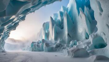 Ice cave with shimmering blue walls and soft light filtering through at midday. photo