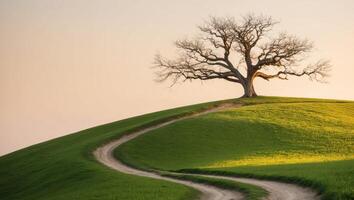 A lone tree on a hill with a dirt road photo