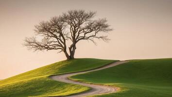 A lone tree on a hill with a dirt road photo