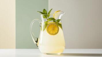 A pitcher of lemonade with mint leaves photo