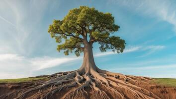 Tree with Roots and Soil Layers Under Blue Sky. photo