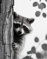 A tight shot of a raccoon peeking out from a tree trunk with its head exposed. photo