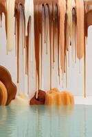 Caramel drizzle waterfall cascading into a candy lake. photo