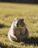 Fluffy Gopher Crawled Out Of The Hole Cute Gopher Sitting On A Green Meadow On A Sunny Day. photo