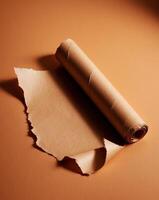 A tan piece of paper with an uneven edge is torn and rolled to create a frame on an orange background. photo