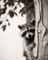 A tight shot of a raccoon peeking out from a tree trunk with its head exposed. photo