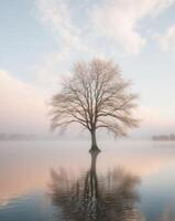 Serene Tree Reflection in Calm Lake at Sunrise. photo