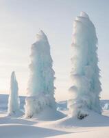 A tranquil winter landscape featuring towering ice formations illuminated by soft light. photo