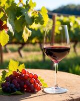 Red Wine Tasting Tradition Enjoying Sweet Red Wine in a Glass on a Warm Day with Focus on Viticulture and Grape Harvesting Outdoors. photo
