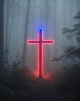 A cross in the forest emits a red and blue light from its top. photo
