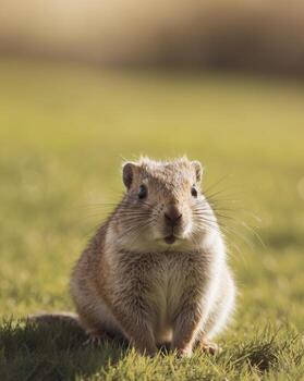 Fluffy Gopher Crawled Out Of The Hole Cute Gopher Sitting On A Green Meadow On A Sunny Day. photo