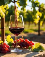 Red Wine Tasting Tradition Enjoying Sweet Red Wine in a Glass on a Warm Day with Focus on Viticulture and Grape Harvesting Outdoors. photo