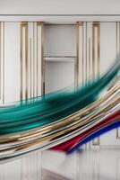 A room with a white wall and a blue and red striped rug photo