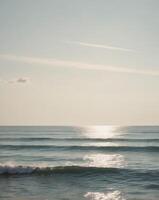 A surfer is standing on the beach with the ocean in the background photo