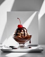 A chocolate sundae with a cherry on top photo