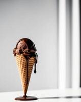 Chocolate ice cream in a waffle cone on a white table photo