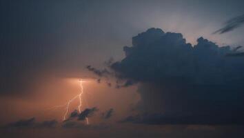 A lightning bolt is seen through a cloud photo