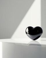 A black heart shaped object sitting on a white table photo