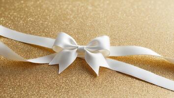 White ribbon and bow on gold background photo