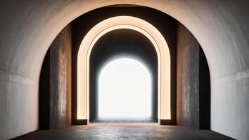 A light shines through an archway in a dark tunnel photo