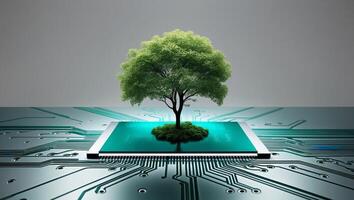 Tree on a circuit board with green leaves photo