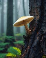 A mushroom is growing on a tree trunk in the forest photo