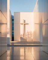 A cross is in the middle of a white building photo