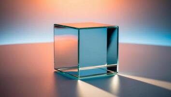 A glass cube sitting on a table with a blue light photo